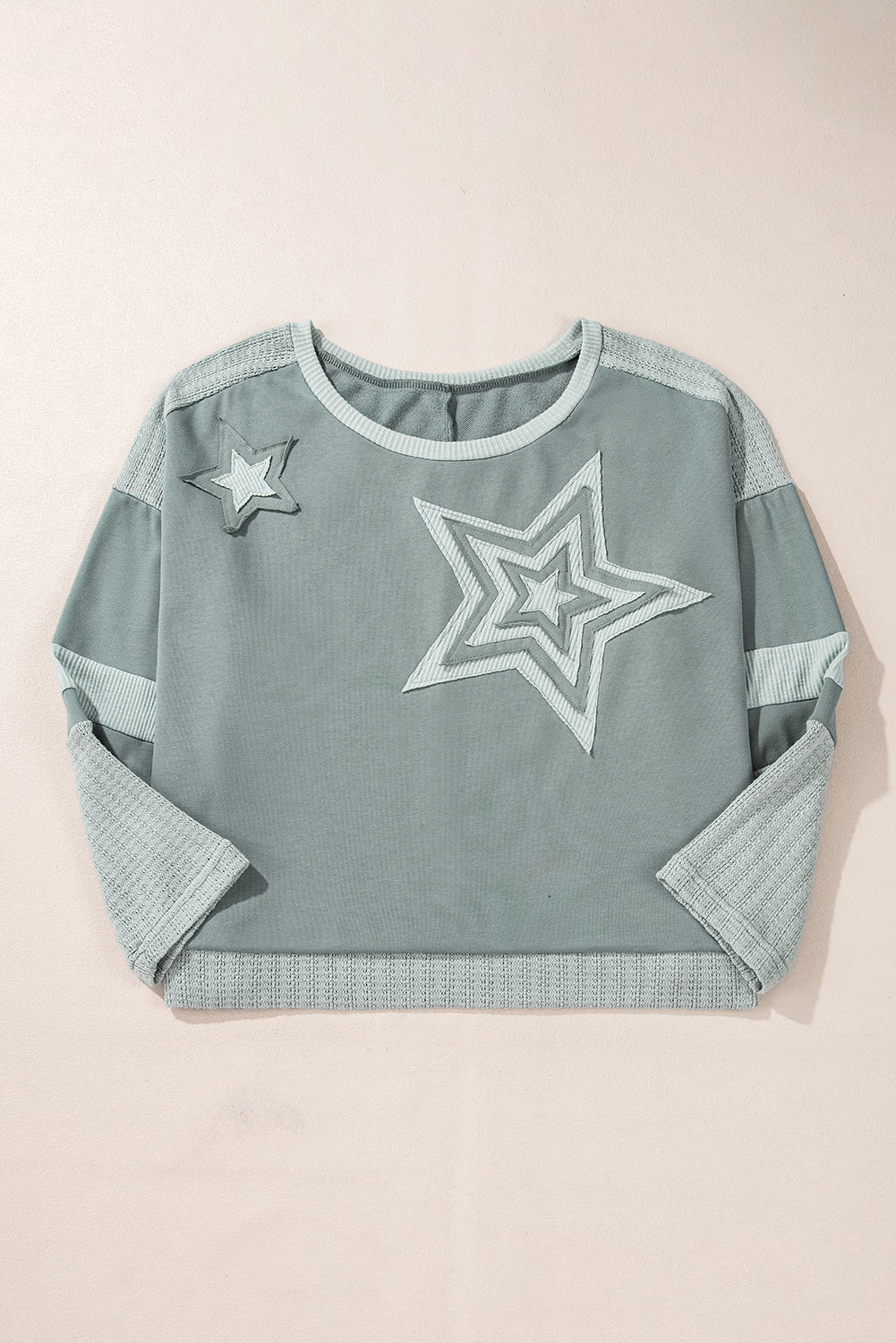 Mist Green Stars Patchwork Round Neck Plus Size Top