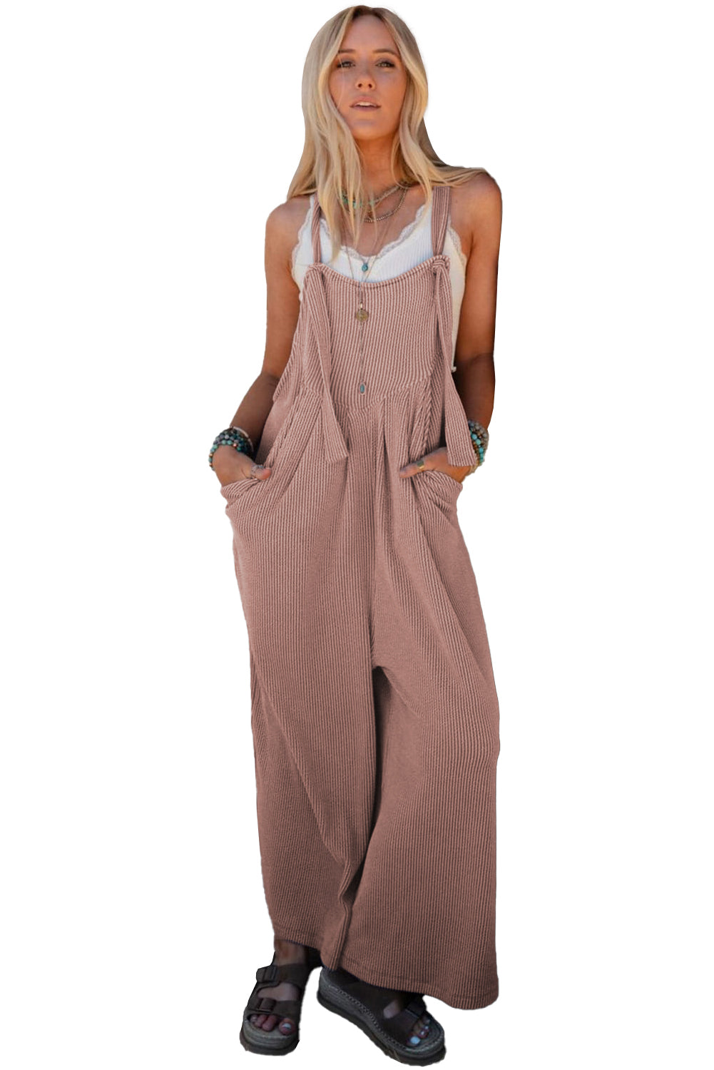 Philippine Gray Corded Solid Adjustable Straps Wide Leg Loose Jumpsuit