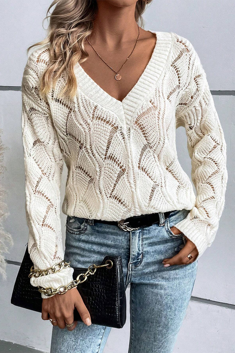 Beige Knit Hollow Out V Neck Drop Shoulder Sweater