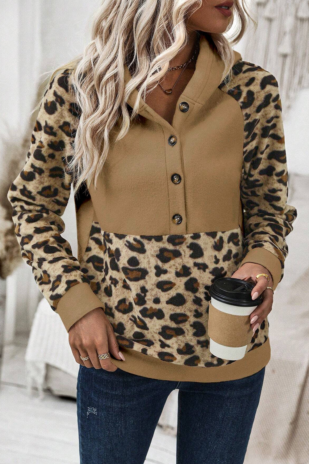 Light Beige Leopard Patchwork Raglan Sleeve Half Buttons Hoodie