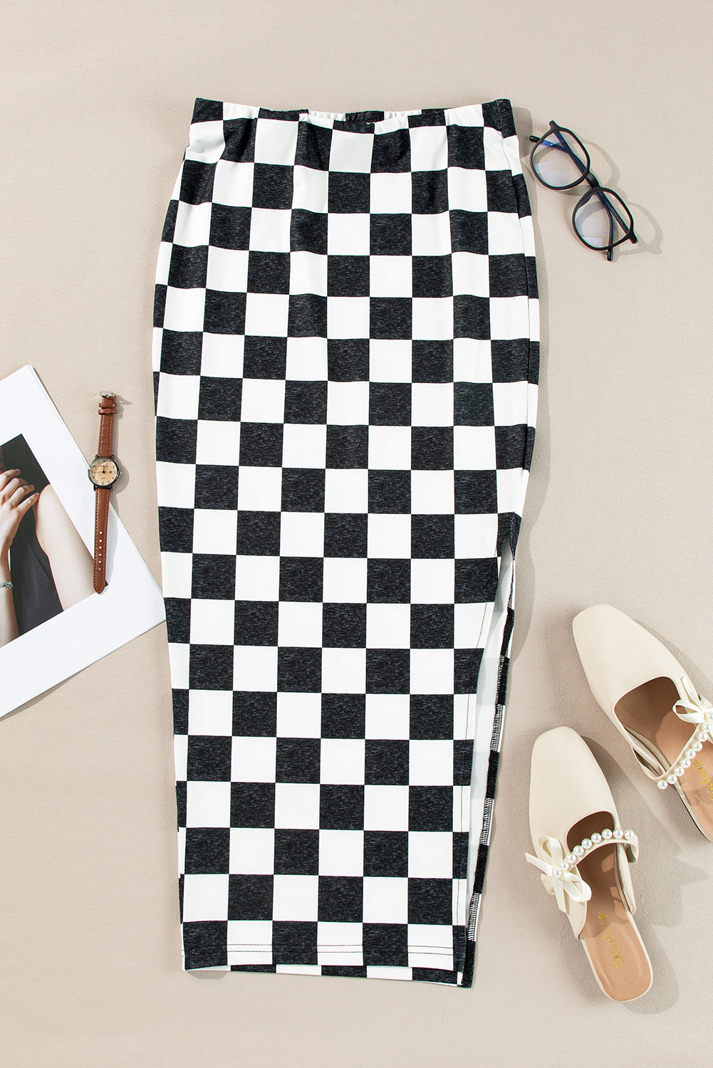 White Checkered Print Side Slit Slim Fit Midi Skirt