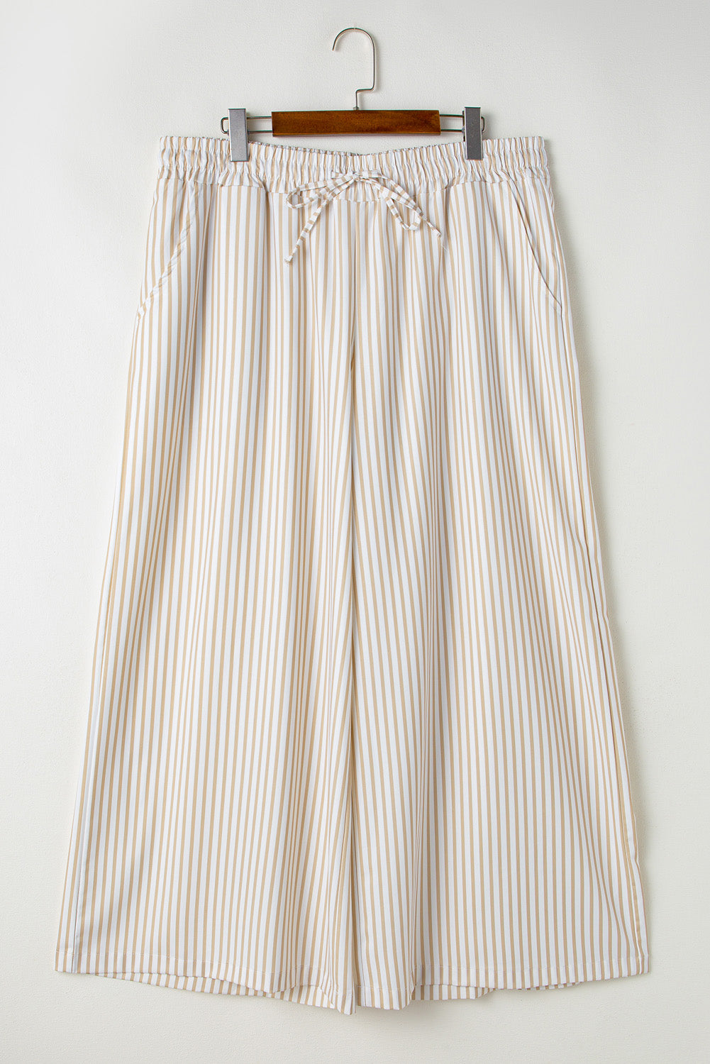 Khaki Striped Drawstring Waist Plus Size Wide Leg Pants