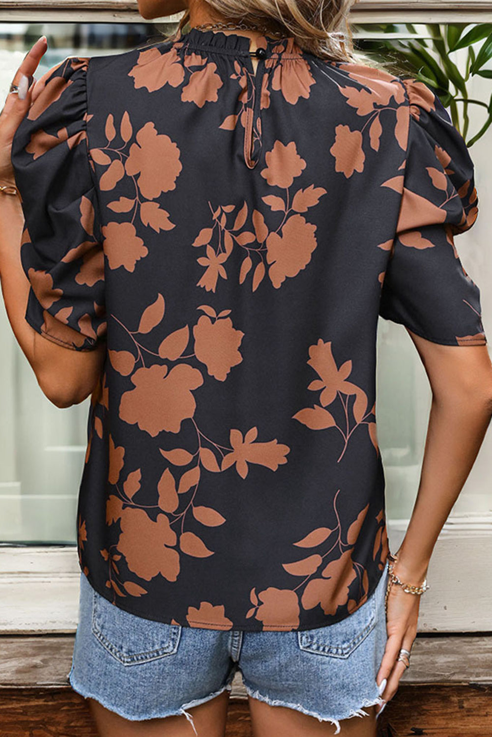 Chestnut Floral Print Frill Neck Bubble Sleeve Blouse