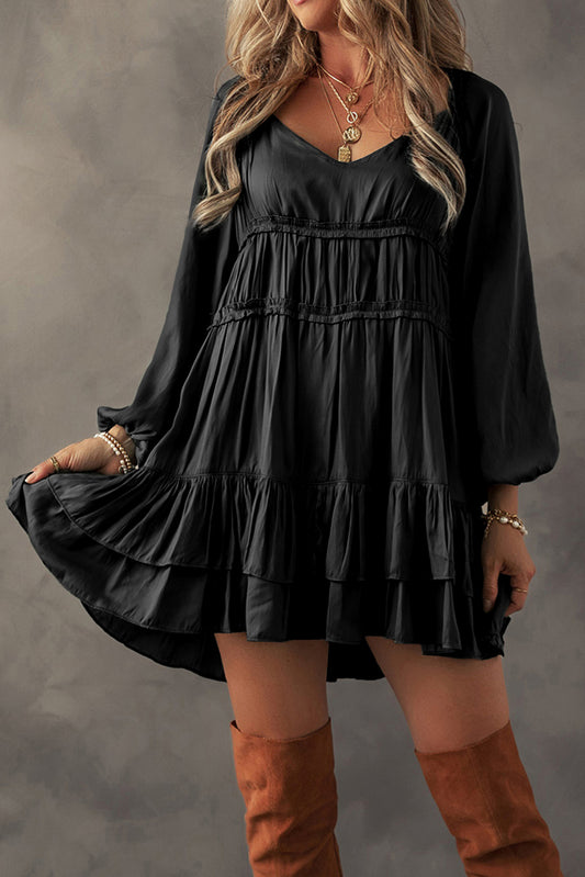 Black Puff Sleeve Loose Fit Tiered Ruffle Mini Dress