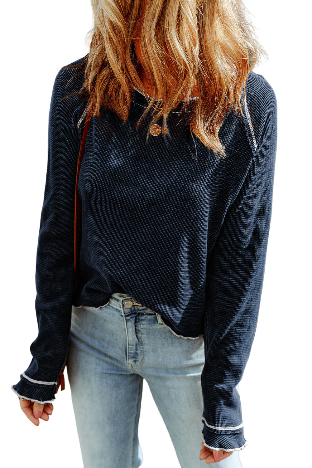 Black Textured Crewneck Long Sleeve Top