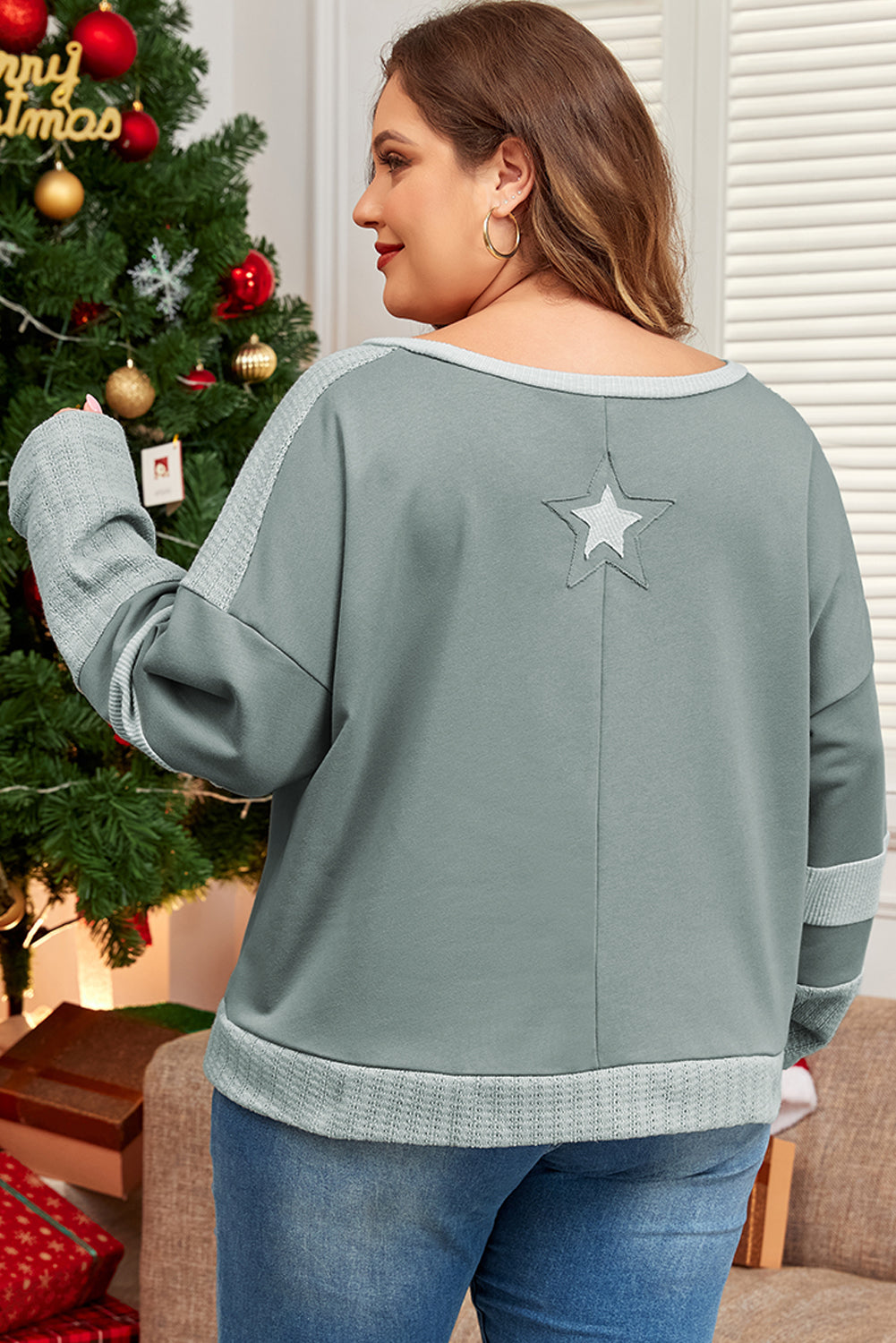 Mist Green Stars Patchwork Round Neck Plus Size Top