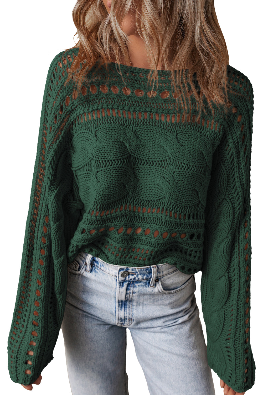 Blackish Green Hollow Out Cable Knit Cropped Sweater