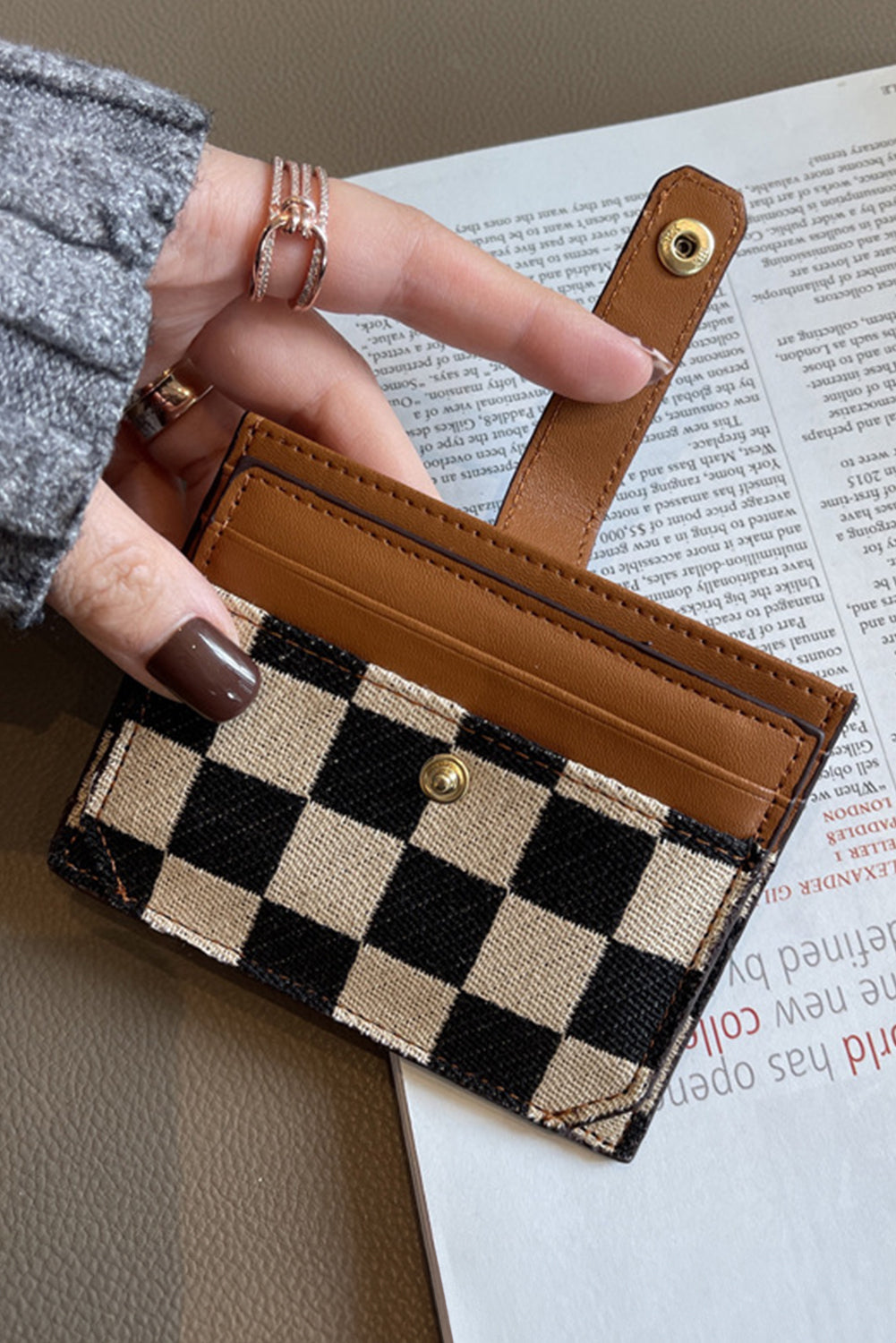 Coffee Leather Checkered Canvas Patchwork Card Wallet