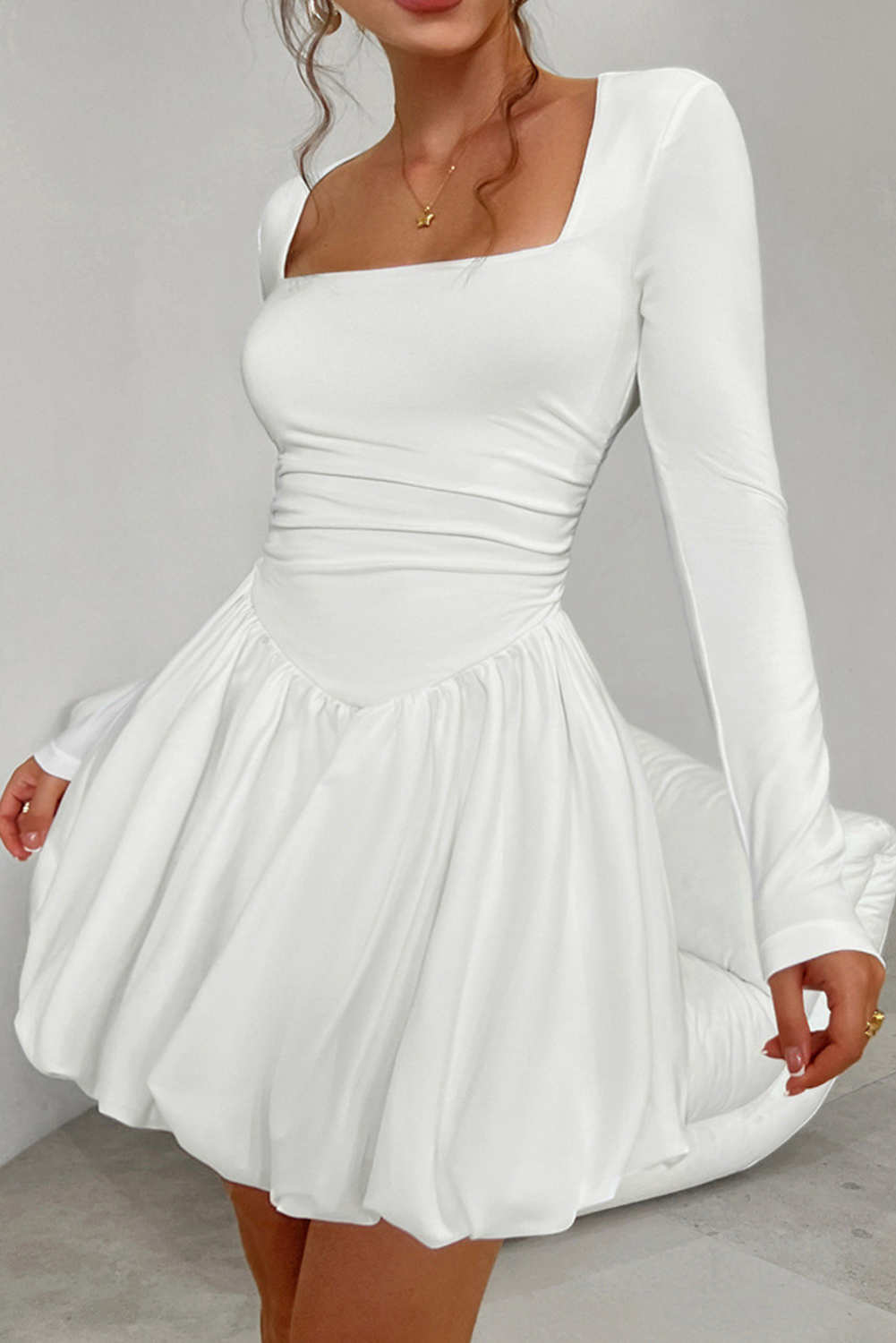 White Square Neck Ruffle Mini Dress