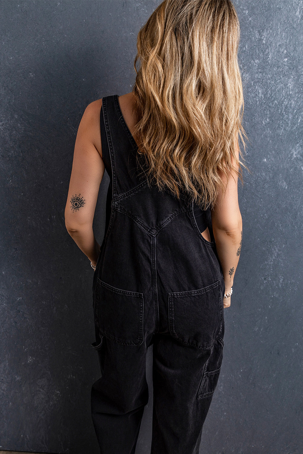 Black Adjustable Buckle Straps Multi Pocket Denim Jumpsuit