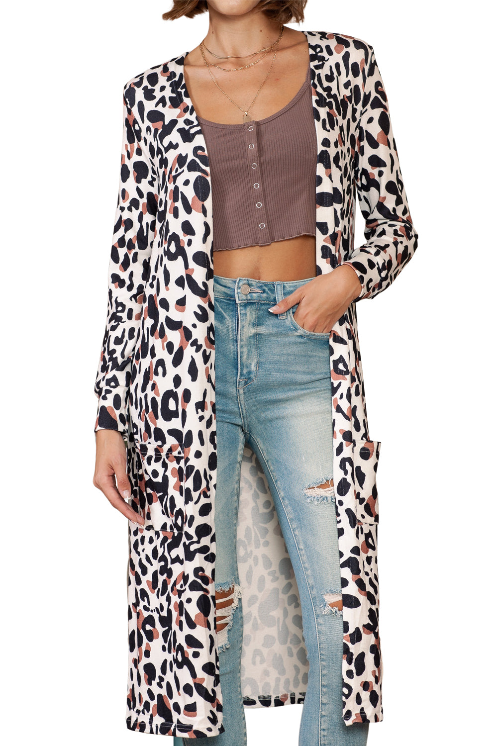 Leopard Side Pocket Open Front Duster Cardigan