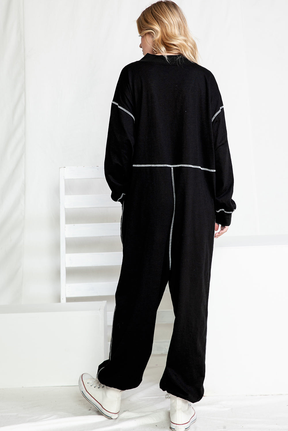 Black Exposed Seam Oversized Drop Waist Jumpsuit