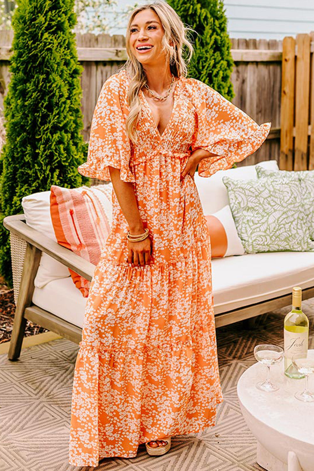 Orange Floral Print Smocked V Neck Bell Sleeve Maxi Dress