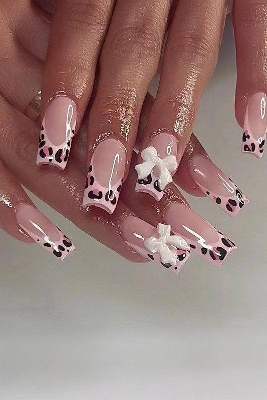 Pink Nail Leopard Print Bow Square Nail Tips