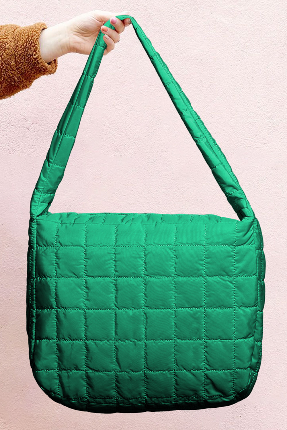 Dark Green Quilted Zipper Large Shoulder Bag