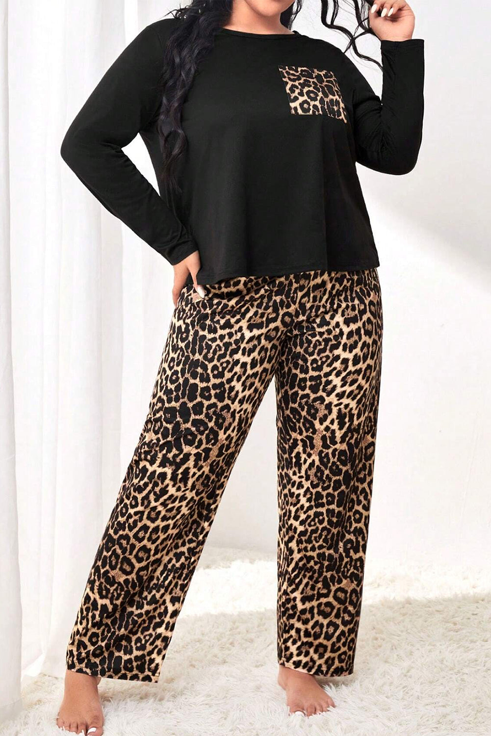 Black Leopard Patched Pocket Long Sleeve Top Plus Size Pajama Set