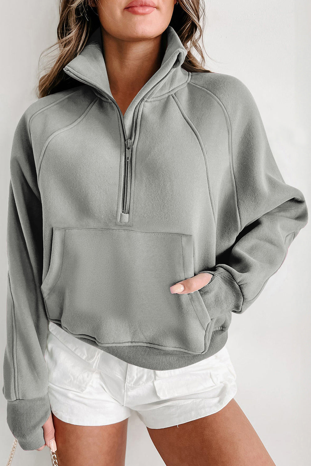 Green Zip Up Stand Collar Ribbed Thumbhole Sleeve Sweatshirt