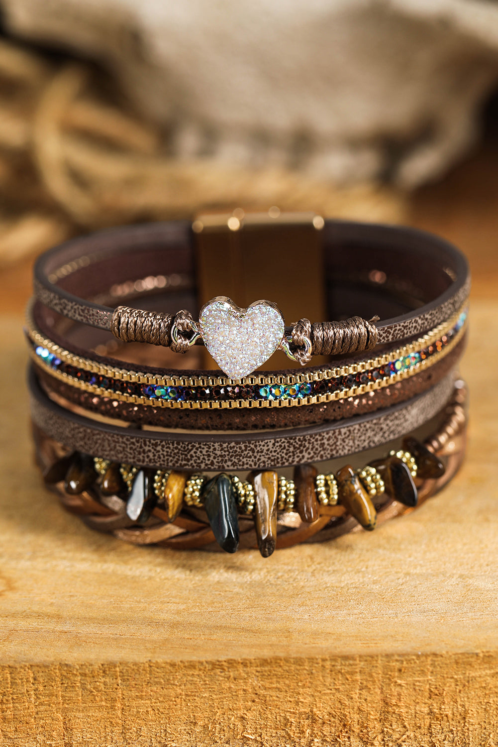 Brown Glittering Heart Accent Multi-layer Vintage PU Bracelet