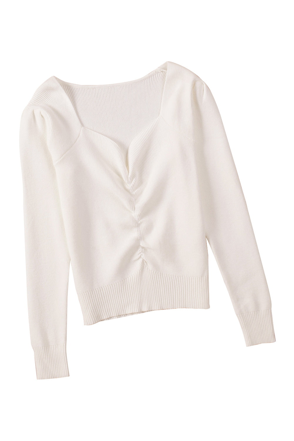 Beige Ruched Casual Rib Knit Sweater