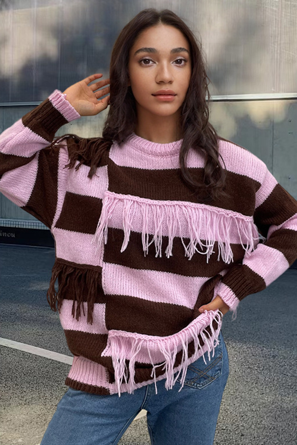 Pink Colorblock Fringe Detail Knit Sweater