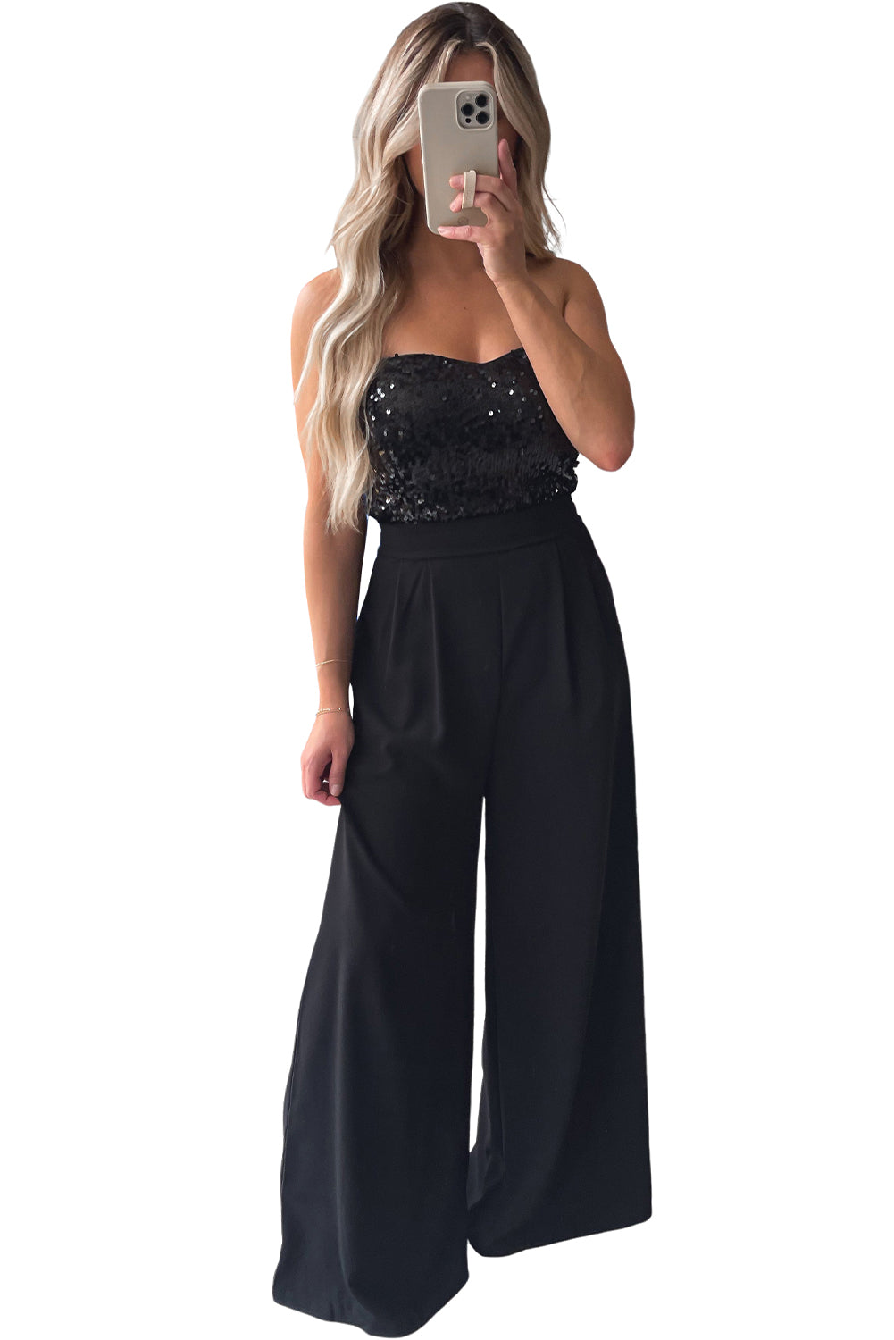 Black Sequin strapless Floor Length Wide Leg Jumpsuit