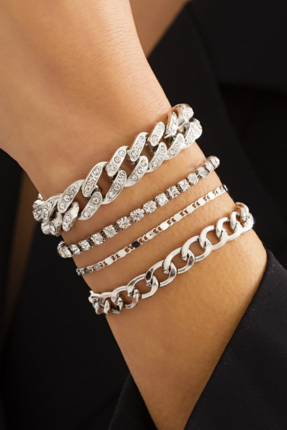 Silvery 4pcs Rhinestone Decor Adjustable Chain Bracelet Set