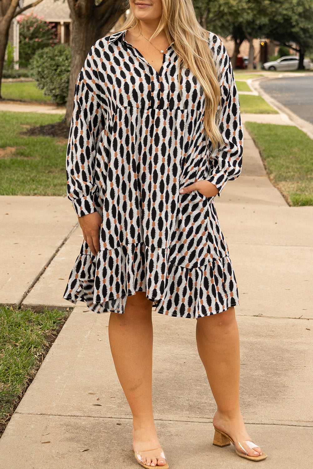 Apricot Abstract Print Collared V Neck Plus Size Mini Dress