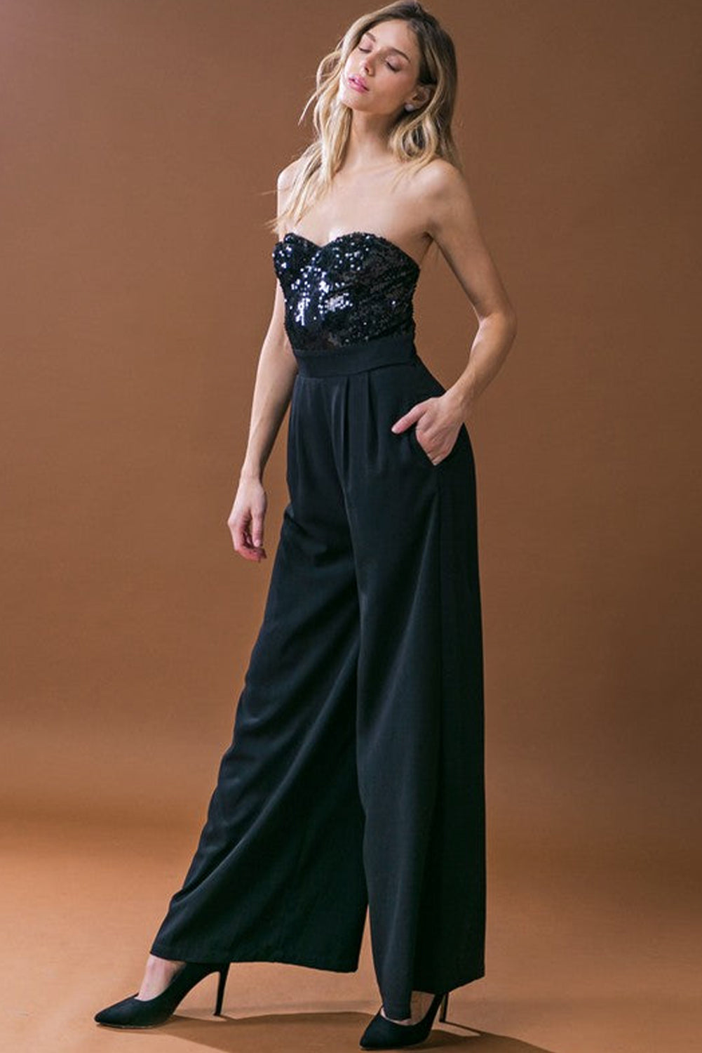 Black Sequin strapless Floor Length Wide Leg Jumpsuit