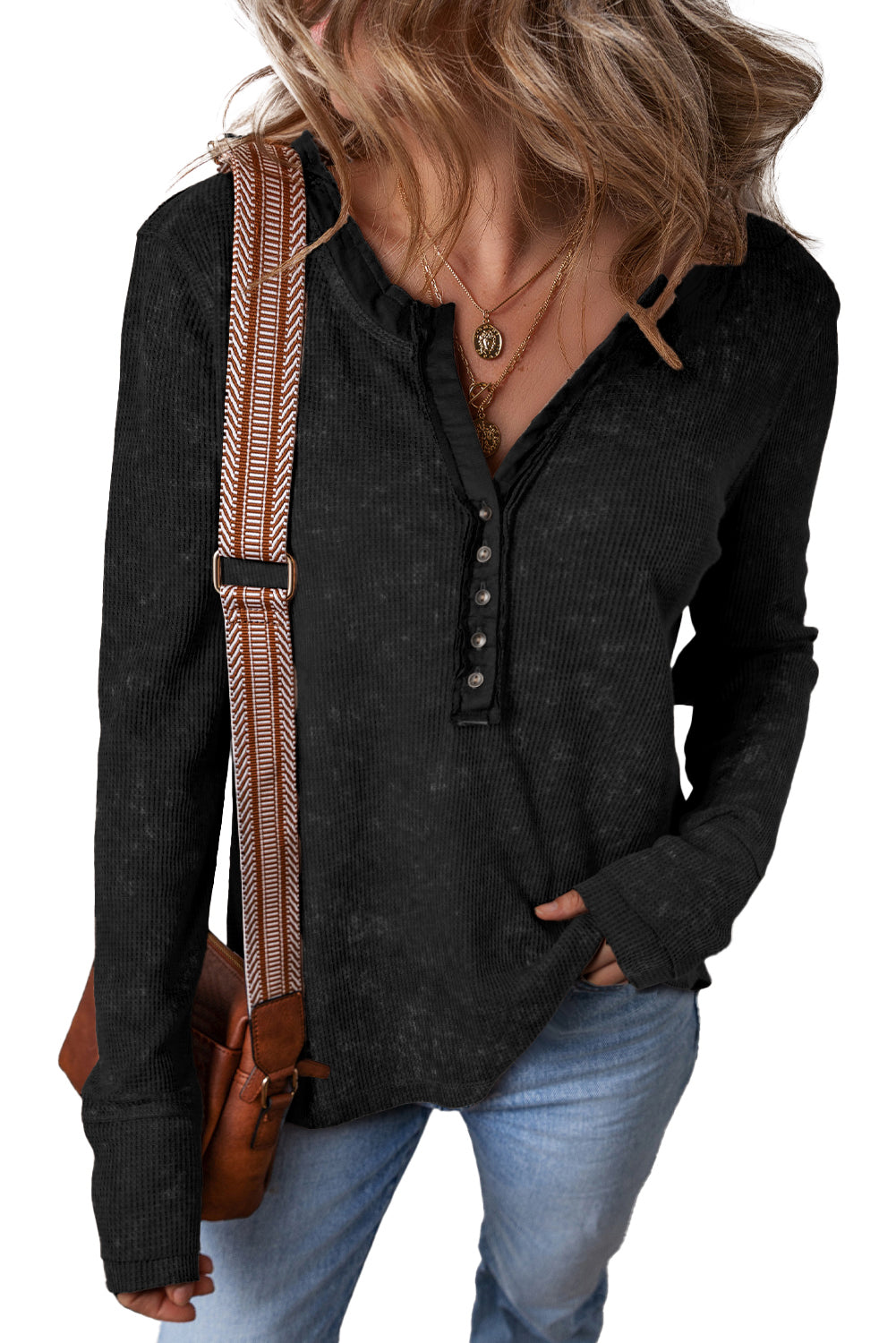 Black Button V Neck Waffle Henley Top