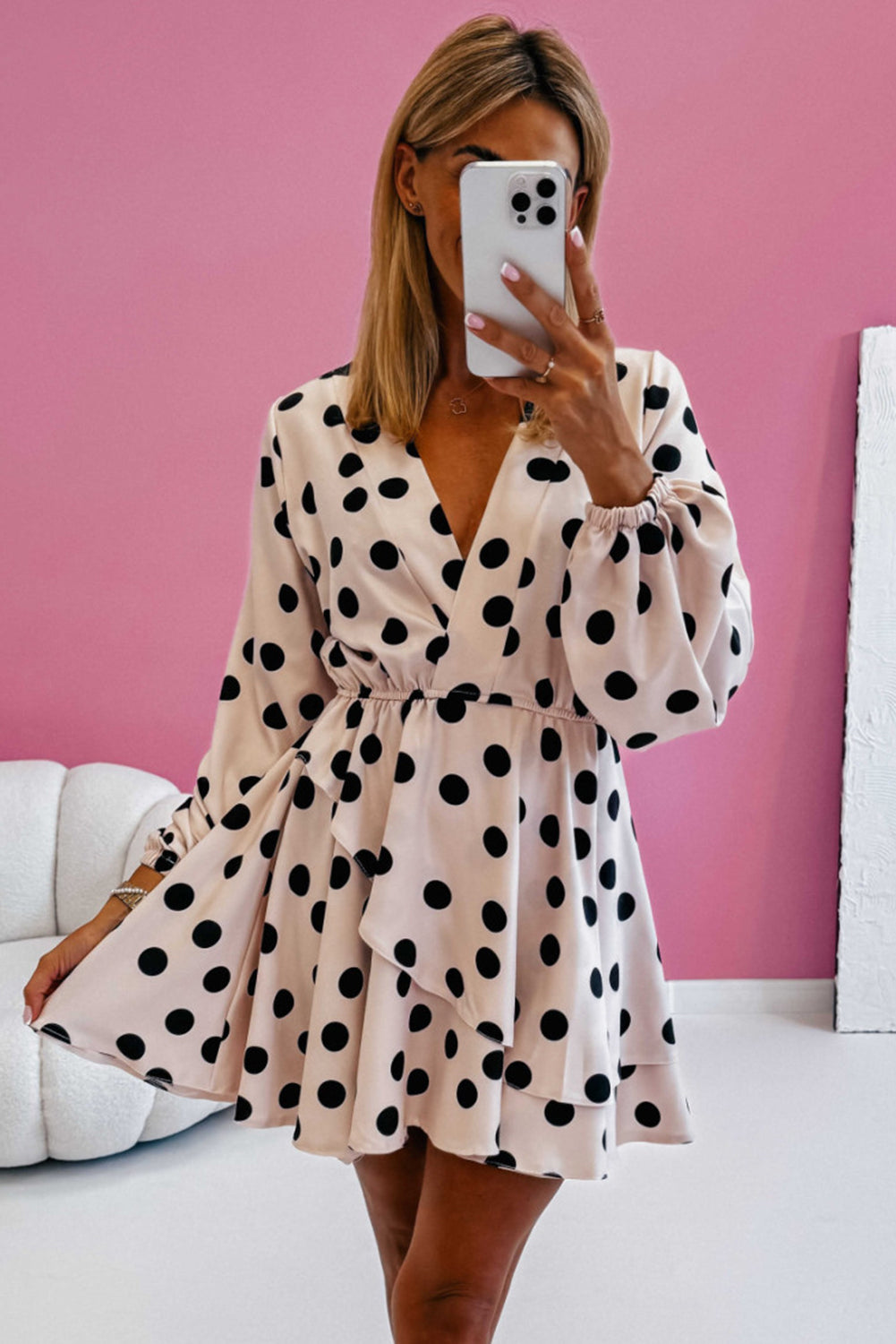 Beige Polka Dot Print Surplice V Neck Puff Sleeve Mini Dress