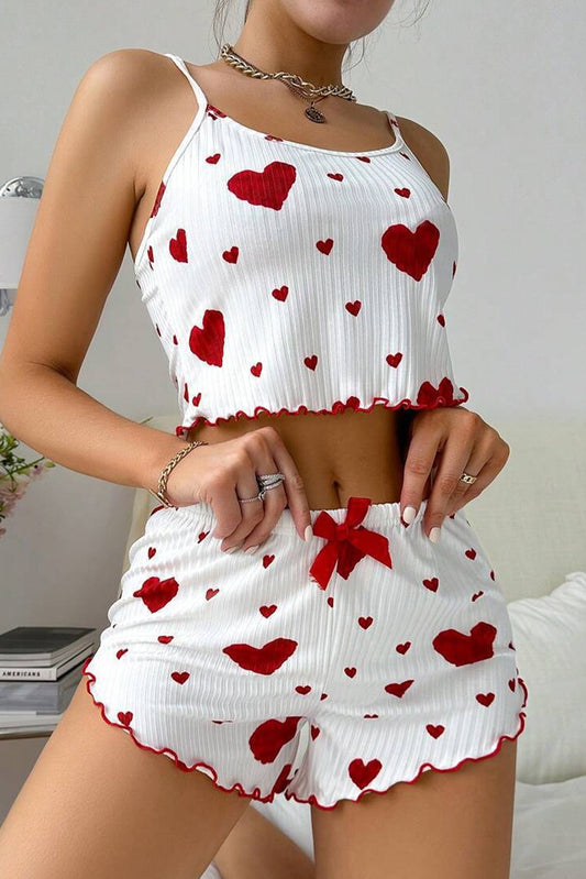 White Valentines Heart Print Spaghetti Cami and Shorts Pajama Set