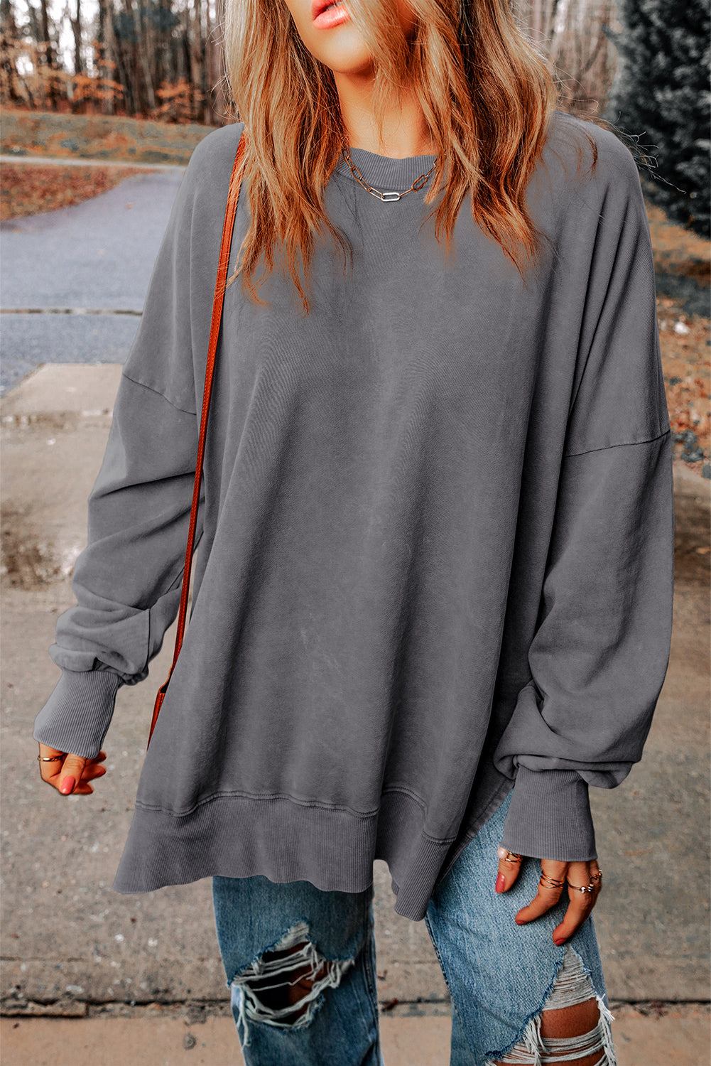 Khaki Plain Drop Shoulder Ribbed Trim Oversized Sweatshirt