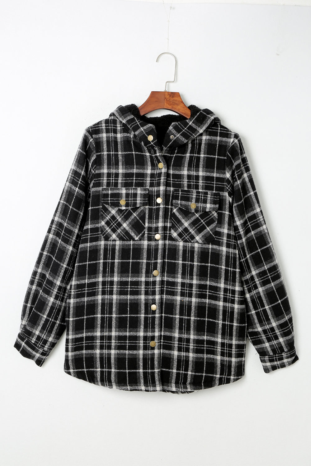 Black Snap Button Sherpa Lined Hooded Flannel Jacket