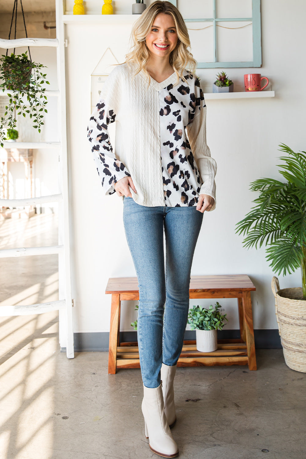 Beige V Neck Leopard Colorblock Patchwork Long Sleeve Top