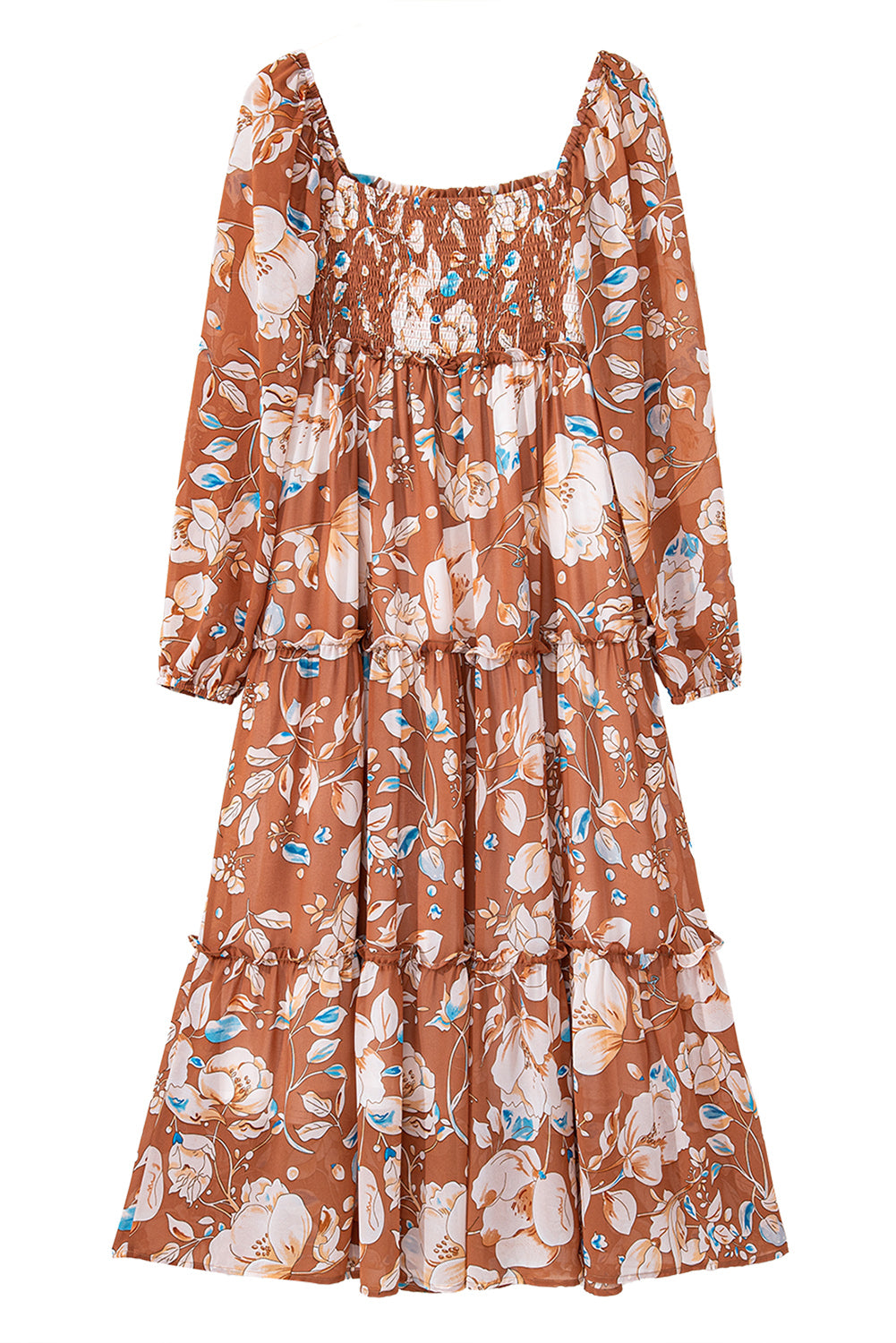 Brown Floral Print Shirred Square Neck High Waist Maxi Dress