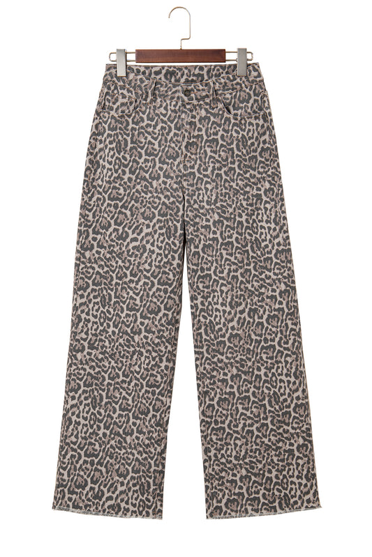 Brown Leopard High Waist Frayed Hem Jeans