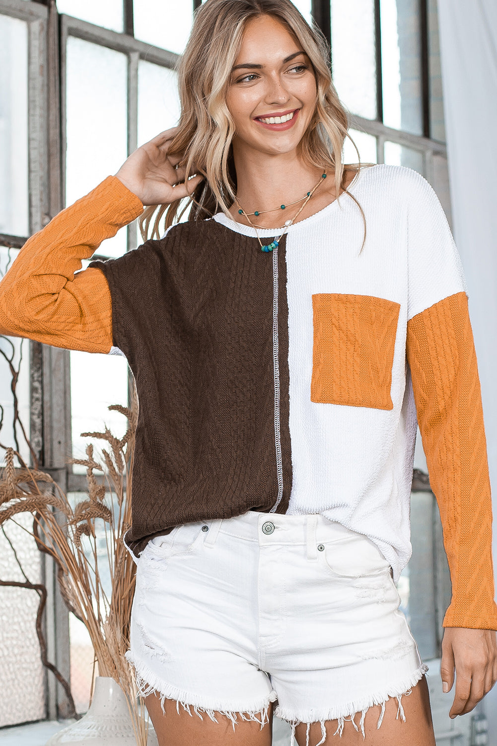 Brown Color Block Textured Chest Pocket Long Sleeve Top