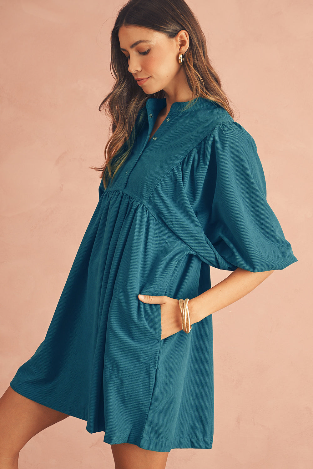 Vineyard Green Snap Button Empire Waist Lantern Sleeve Corduroy Dress