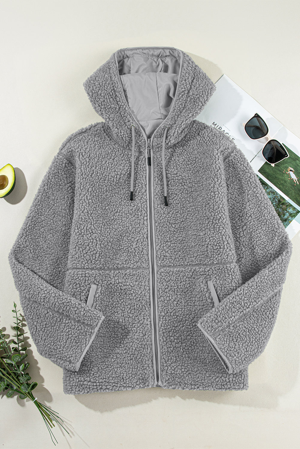 Medium Grey Fleece Zip Up Drawstring Hooded Pocketed Jacket