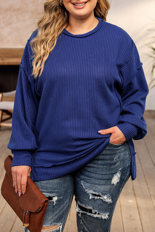 Dark Blue Waffle Knit Exposed Seam Patchwork Plus Size Top