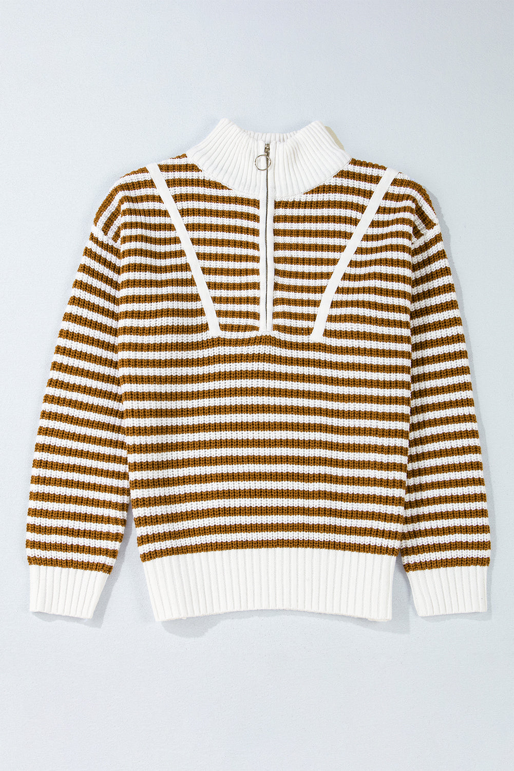 Khaki Stripe Zip Up Collar Drop Sleeve Sweater