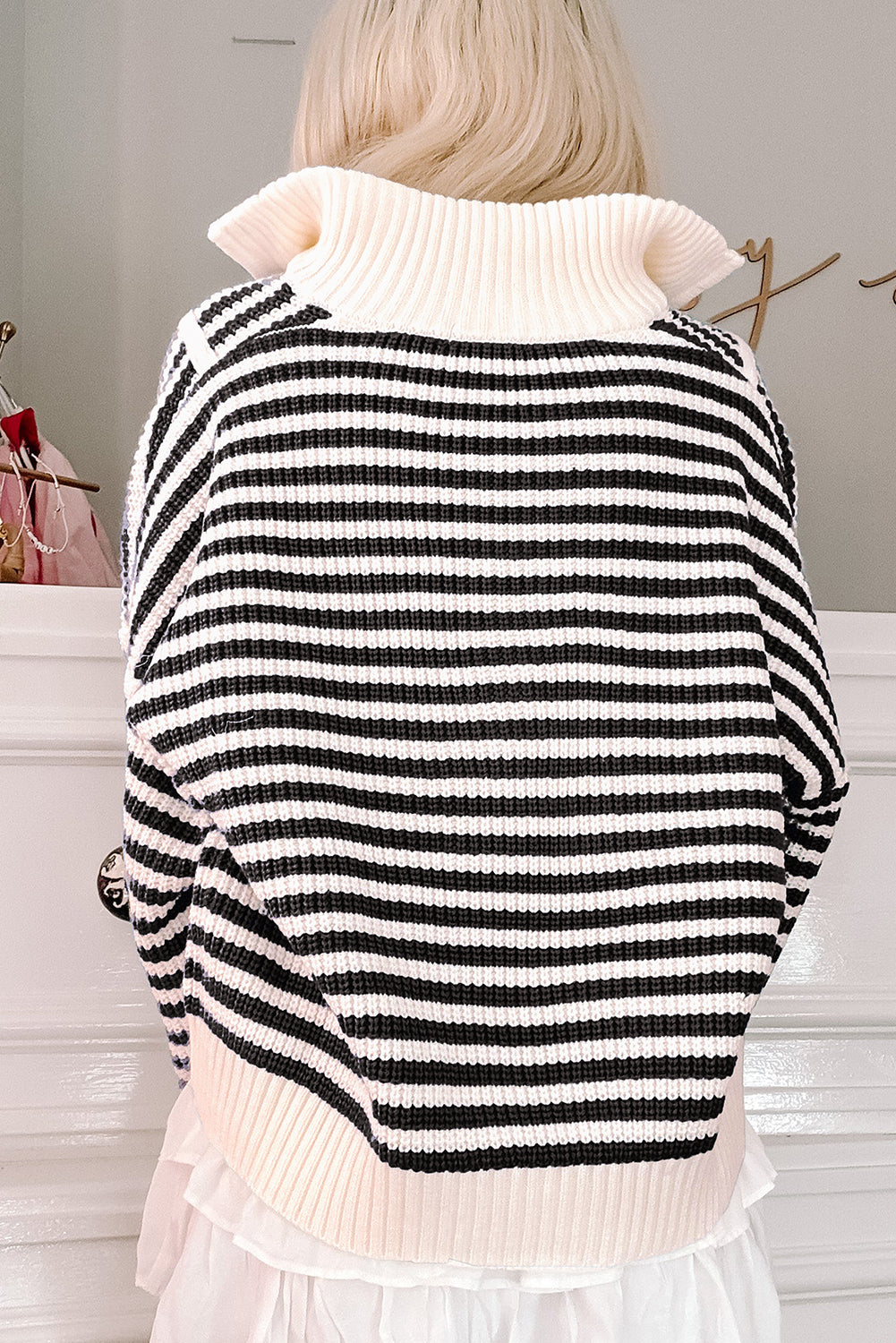 Khaki Stripe Zip Up Collar Drop Sleeve Sweater