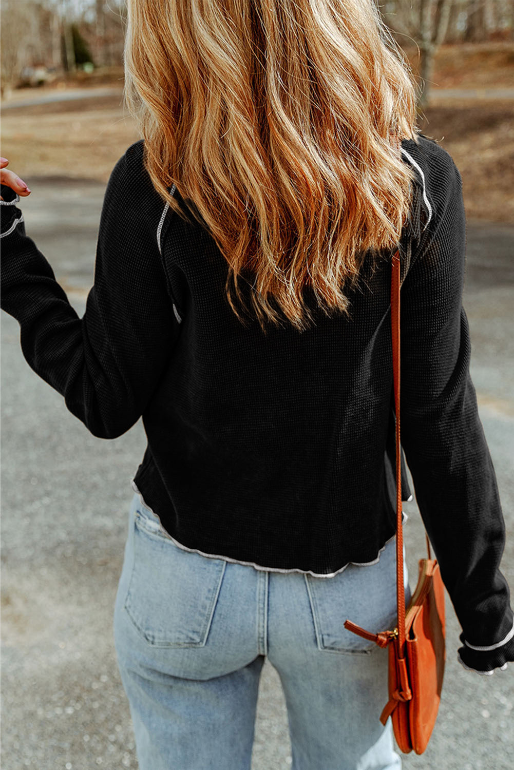 Black Textured Crewneck Long Sleeve Top