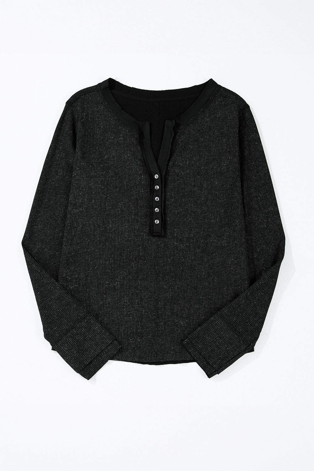 Black Button V Neck Waffle Henley Top