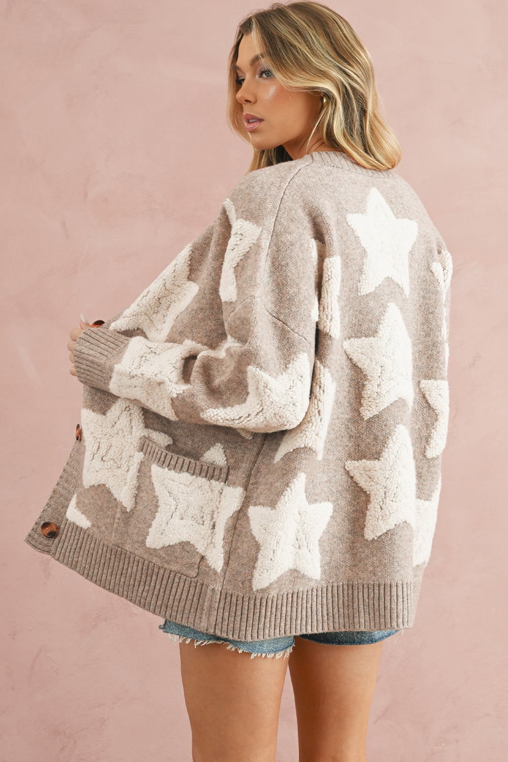 Pink Star Pattern Pockets Button Front Cardigan