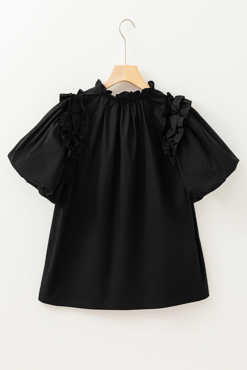 Black V Neck Ruffle Puff Short Sleeve Loose Blouse