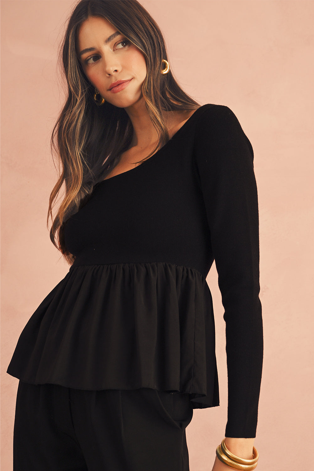 Black Pleated Hem Long Sleeve Ribbed Knit Top