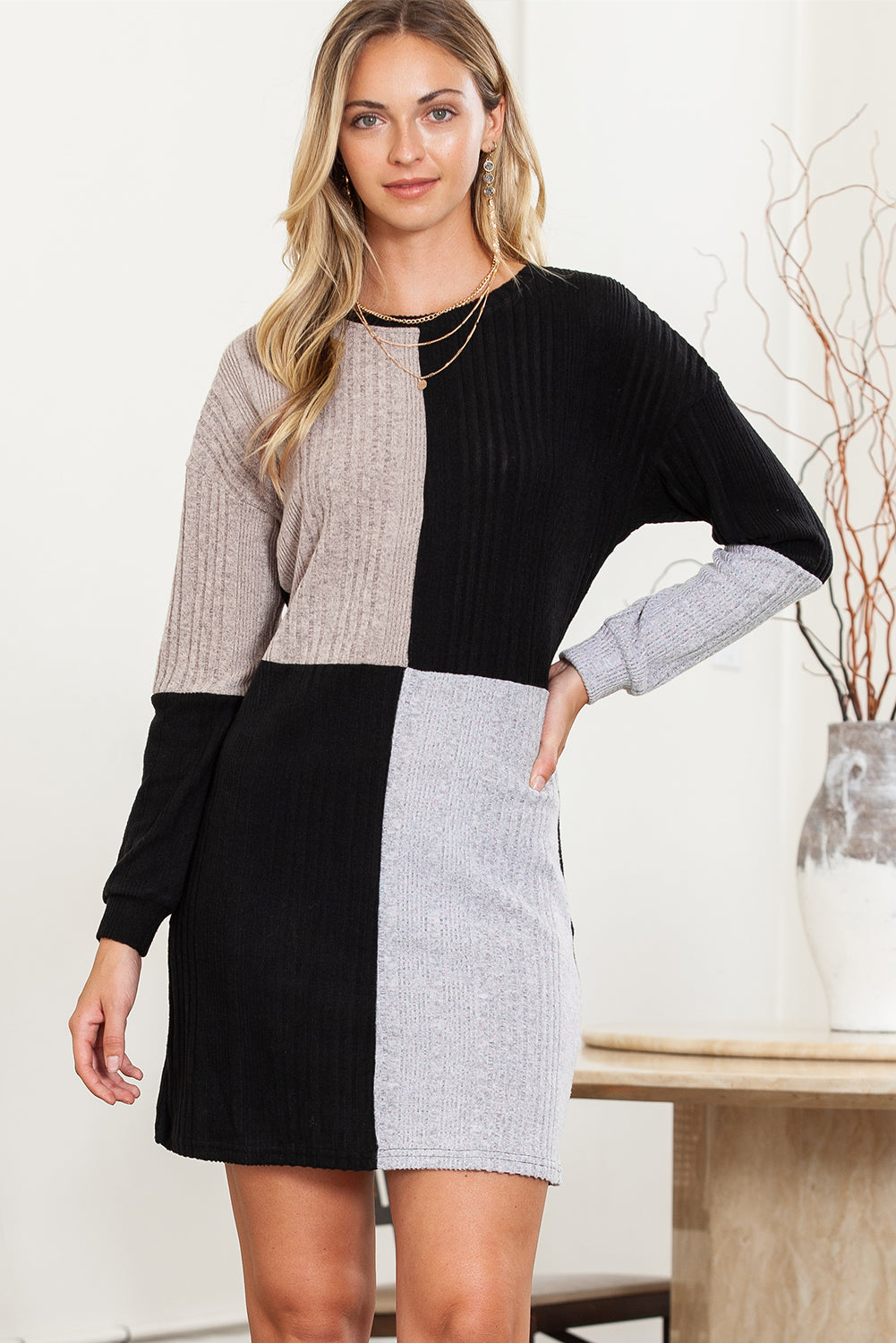 Black Ribbed Color Block Drop Shoulder Long Sleeve Mini Dress