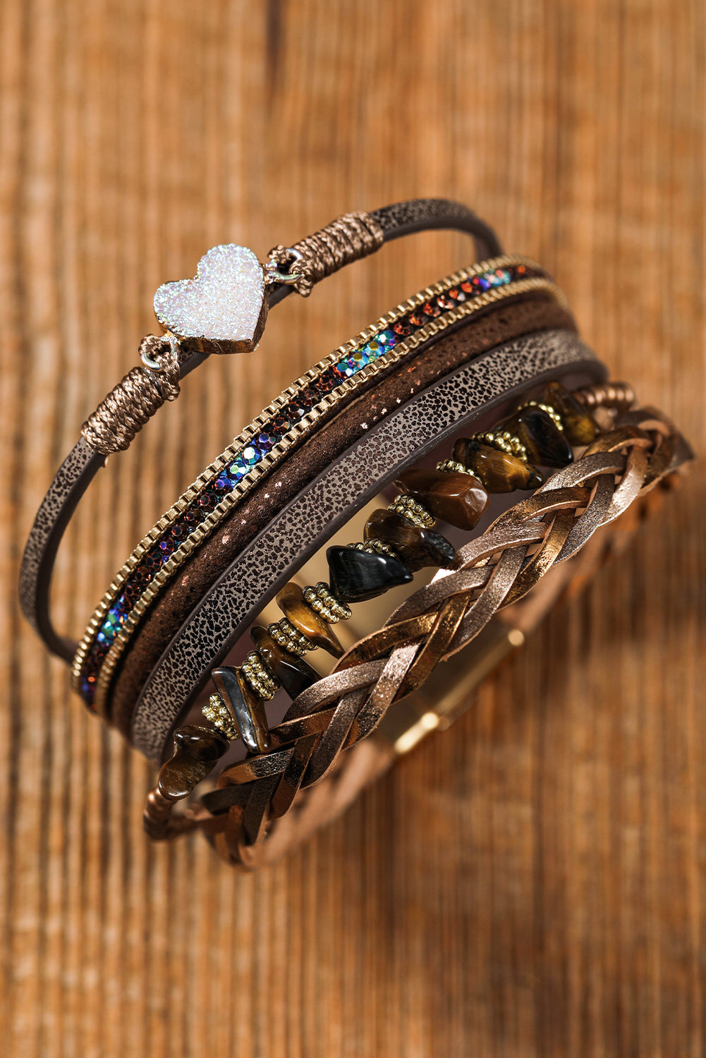 Brown Glittering Heart Accent Multi-layer Vintage PU Bracelet