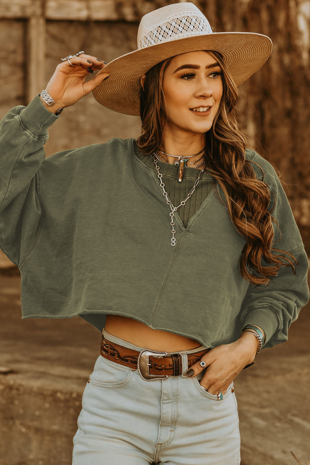 Green Casual Drop Shoulder Cropped Sweatshirt